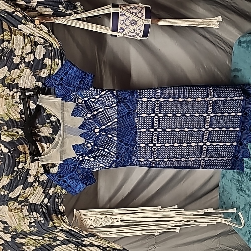 3/$25 Soieblu Sheer & Lace Embroidered Blue Mini Dress with Cutouts size Small